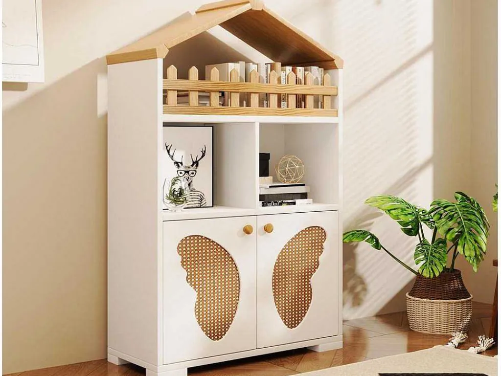 Hoog Dressoir - 2 Vakken En 2 Vlindervormige Deuren - Wit & Naturel-ModernLuxe New