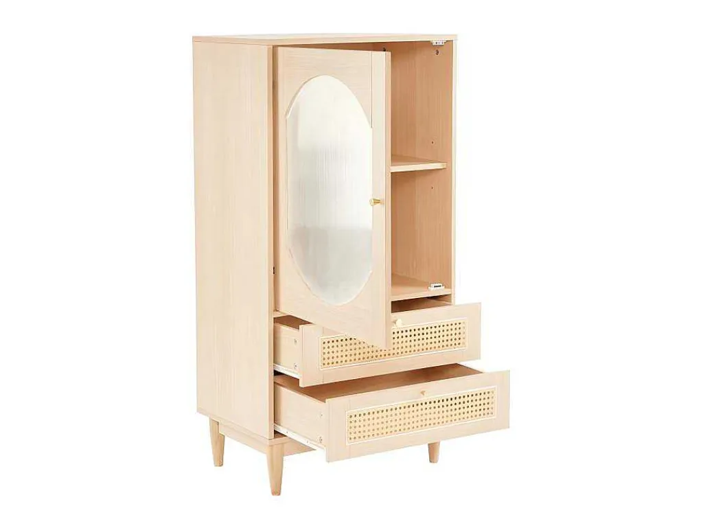 Hoog Dressoir Met 1 Transparante Acryldeur En 2 Rotan Lades - Landelijke Stijl - Naturel-ModernLuxe Outlet