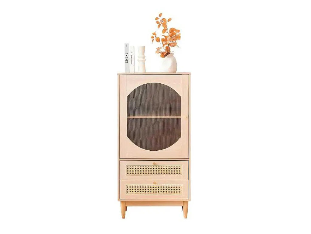 Hoog Dressoir Met 1 Transparante Acryldeur En 2 Rotan Lades - Landelijke Stijl - Naturel-ModernLuxe Outlet