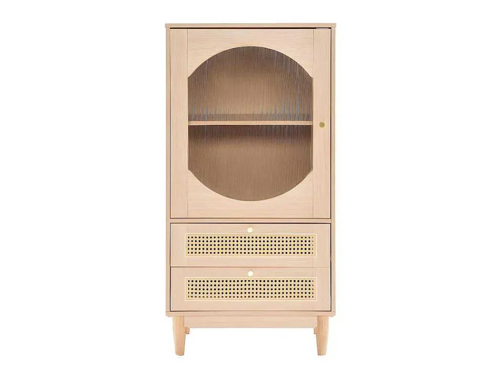 Hoog Dressoir Met 1 Transparante Acryldeur En 2 Rotan Lades - Landelijke Stijl - Naturel-ModernLuxe Outlet