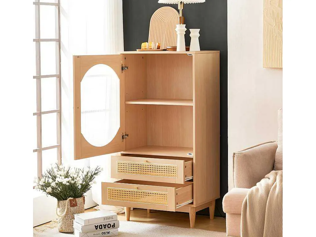 Hoog Dressoir Met 1 Transparante Acryldeur En 2 Rotan Lades - Landelijke Stijl - Naturel-ModernLuxe Outlet