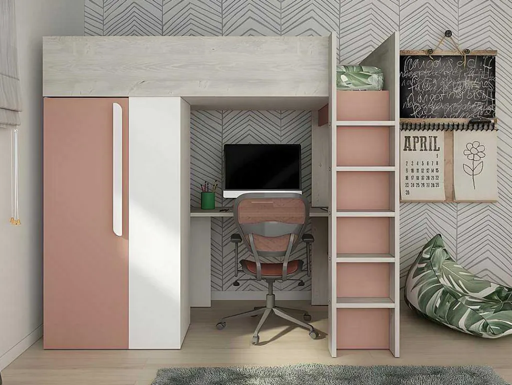 Hoogslaper - 90 X 200 Cm - Met Kast En Bureau - Roze En Wit - Nicolas-Vente-unique New
