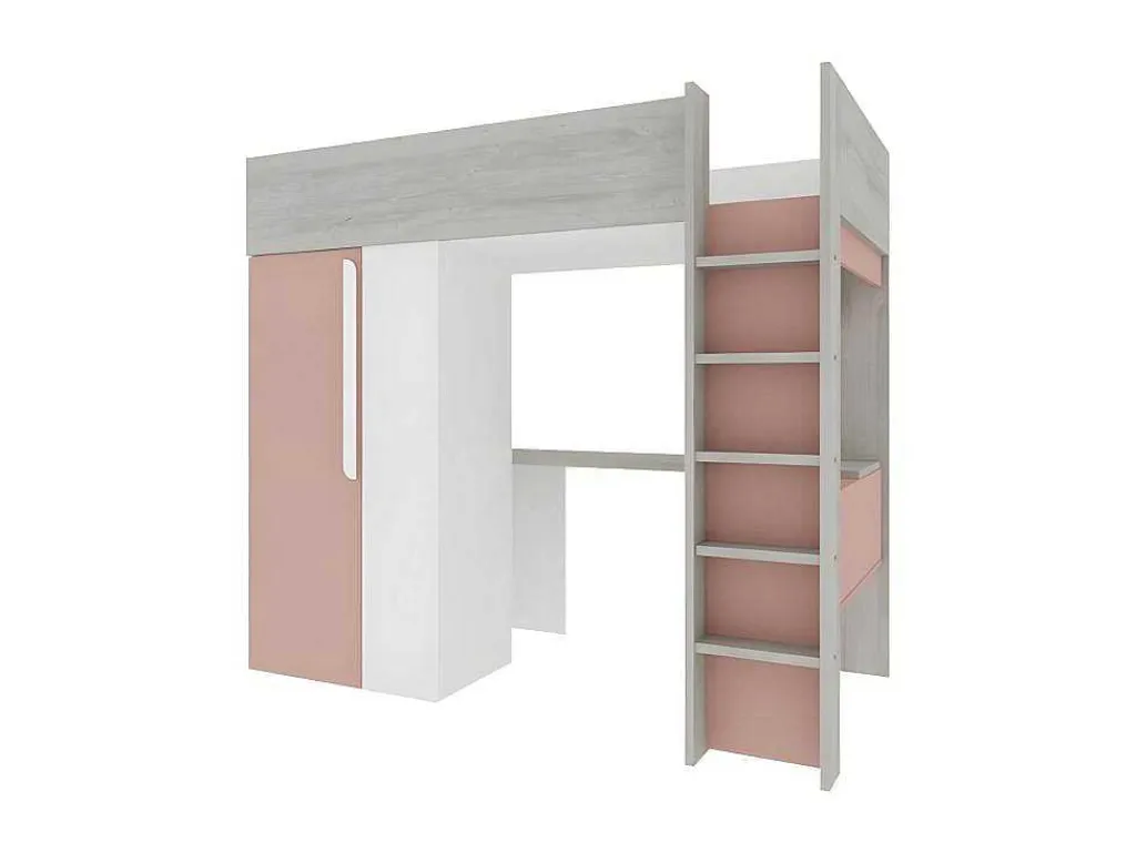 Hoogslaper - 90 X 200 Cm - Met Kast En Bureau - Roze En Wit - Nicolas-Vente-unique New