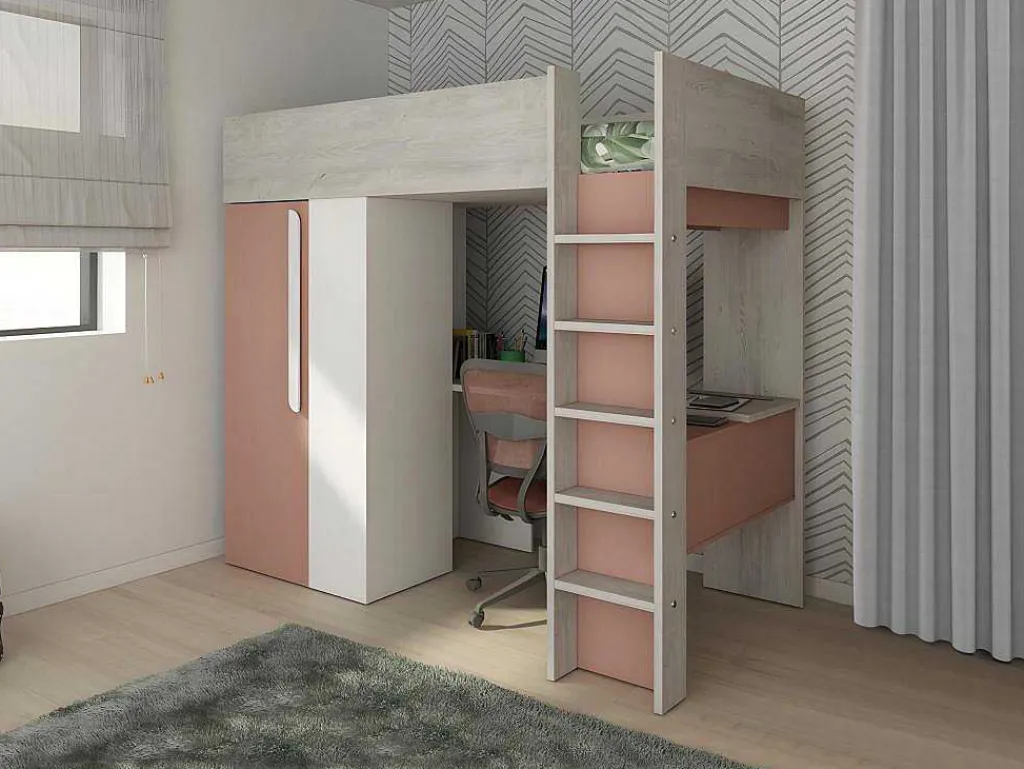 Hoogslaper - 90 X 200 Cm - Met Kast En Bureau - Roze En Wit - Nicolas-Vente-unique New