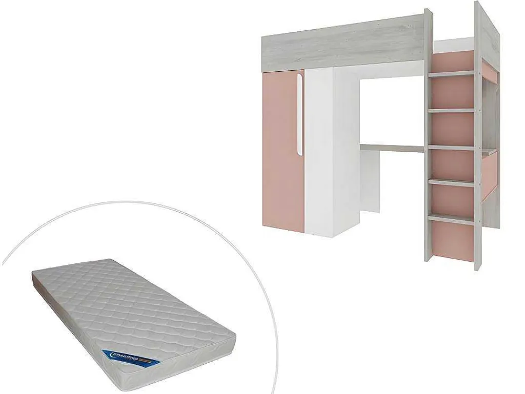 Hoogslaper - 90 X 200 Cm - Met Kast En Bureau - Roze En Wit + Matras -Nicolas-Vente-unique New