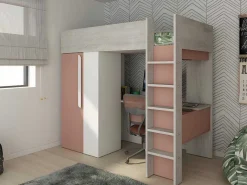 Hoogslaper - 90 X 200 Cm - Met Kast En Bureau - Roze En Wit + Matras -Nicolas-Vente-unique New