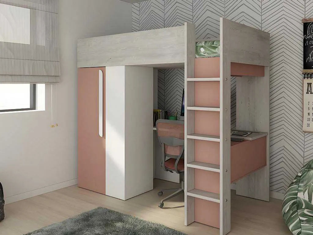 Hoogslaper - 90 X 200 Cm - Met Kast En Bureau - Roze En Wit + Matras -Nicolas-Vente-unique New