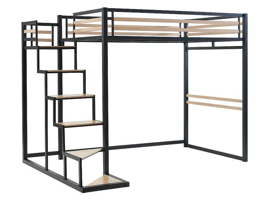 Hoogslaper 140 X 200 Cm - Metaal En Mdf - Zwart En Naturel + Matras - Jogui-Vente-unique Best
