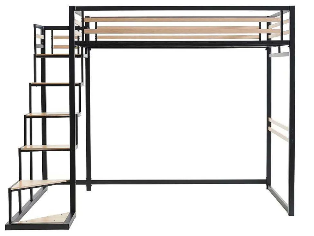 Hoogslaper 140 X 200 Cm - Metaal En Mdf - Zwart En Naturel + Matras - Jogui-Vente-unique Best