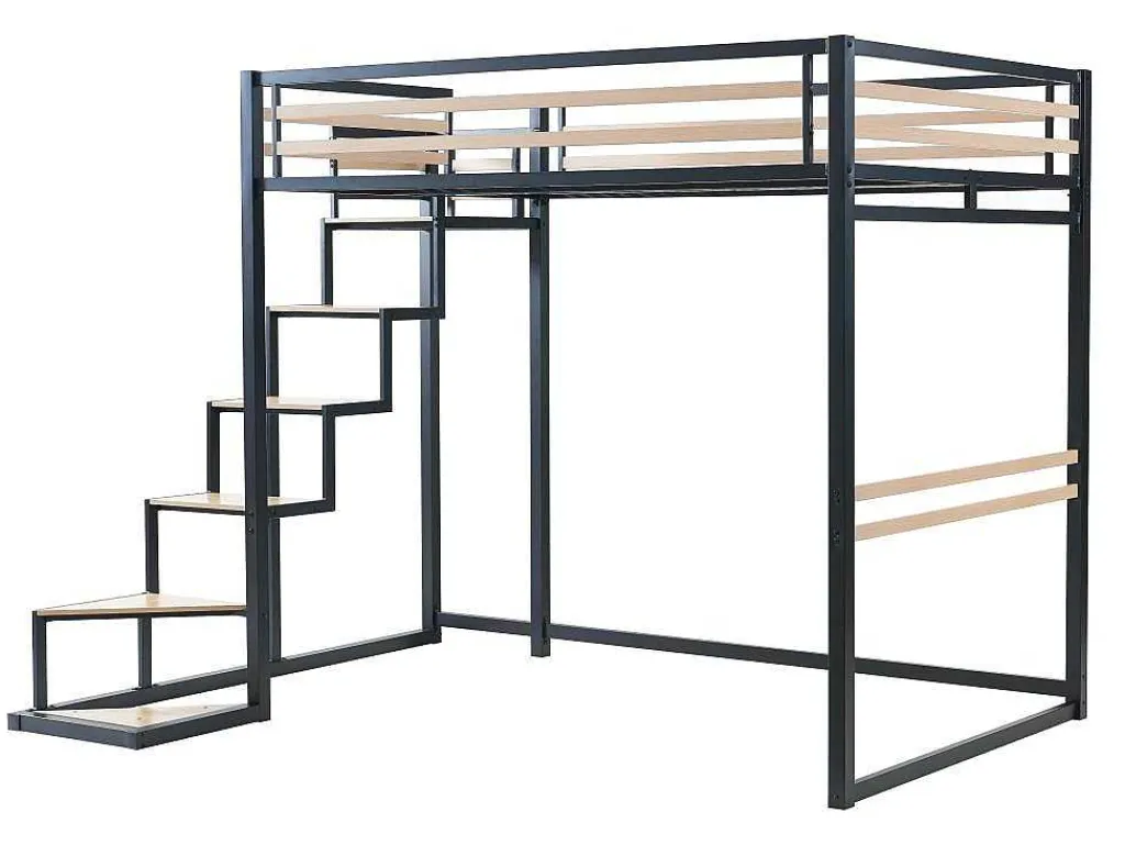 Hoogslaper 140 X 200 Cm - Metaal En Mdf - Zwart En Naturel + Matras - Jogui-Vente-unique Best