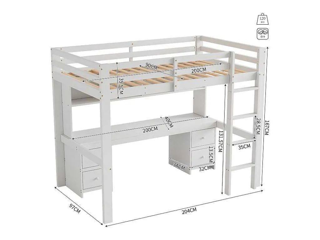 Hoogslaper 90 X 200 Cm Met Bureau, Boekenkast, Lades En Ladder, Mdf Hout, Wit-Vente-unique
