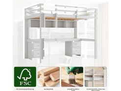 Hoogslaper 90 X 200 Cm Met Bureau, Boekenkast, Lades En Ladder, Mdf Hout, Wit-Vente-unique