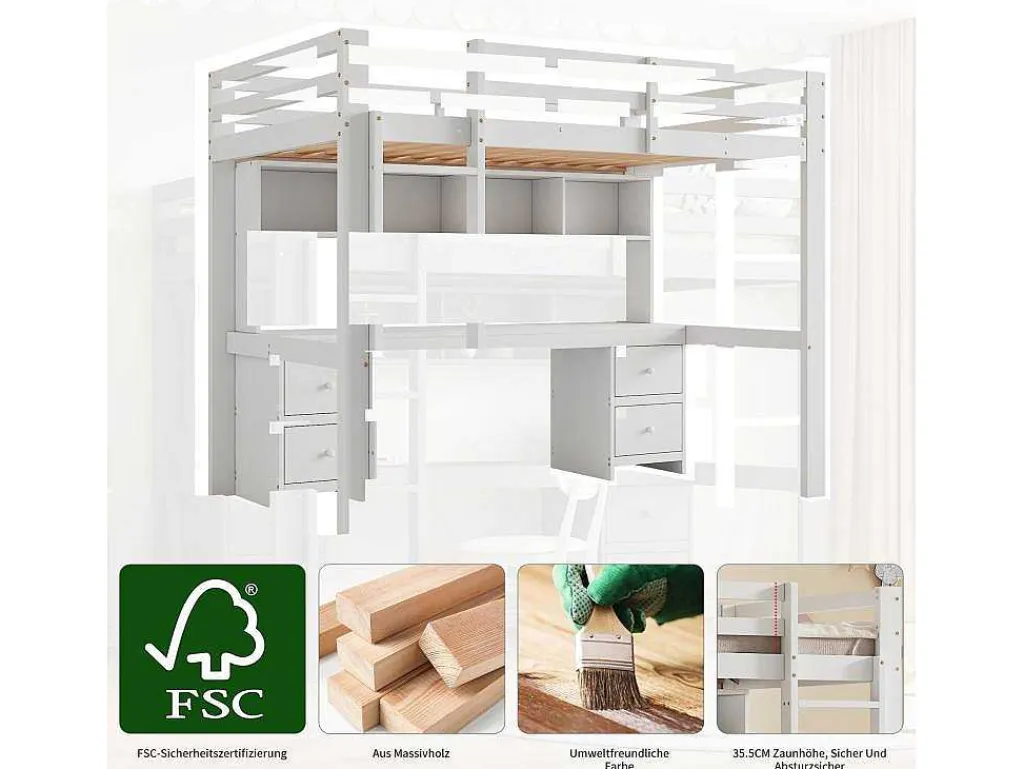 Hoogslaper 90 X 200 Cm Met Bureau, Boekenkast, Lades En Ladder, Mdf Hout, Wit-Vente-unique