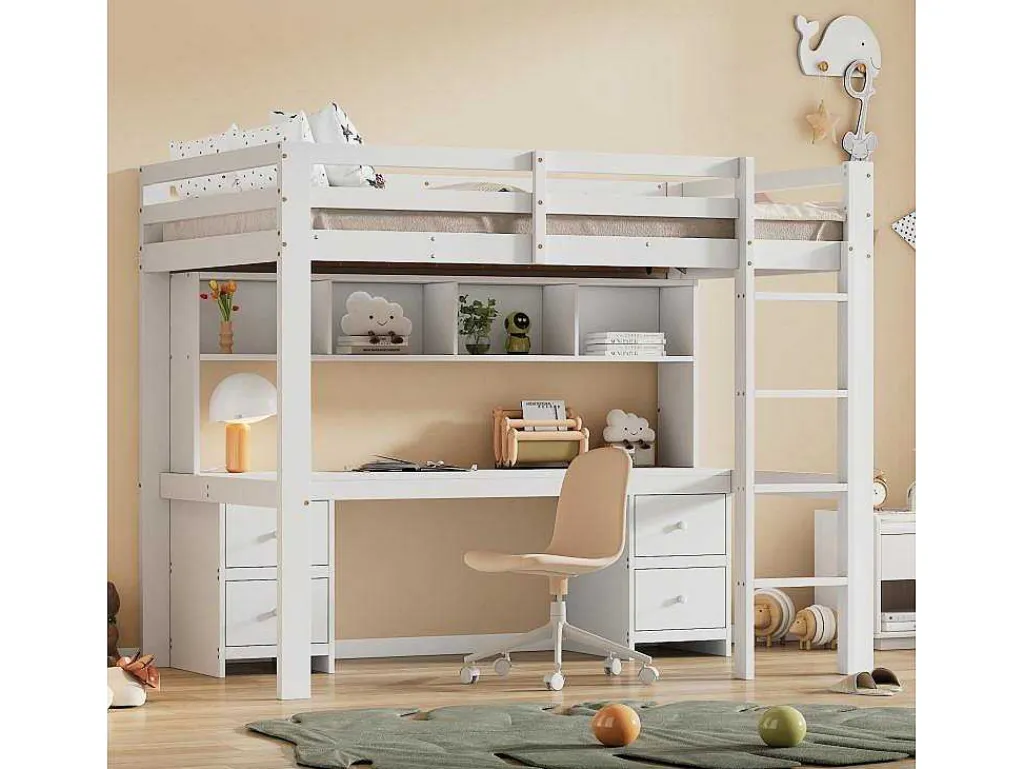 Hoogslaper 90 X 200 Cm Met Bureau, Boekenkast, Lades En Ladder, Mdf Hout, Wit-Vente-unique