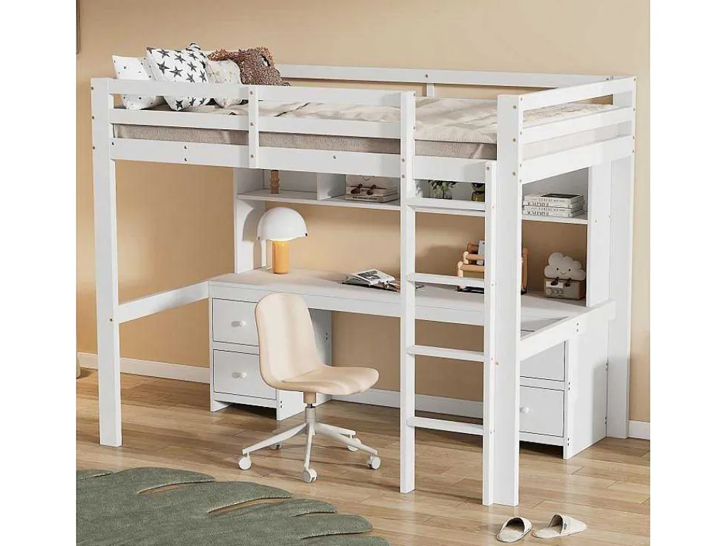 Hoogslaper 90 X 200 Cm Met Bureau, Boekenkast, Lades En Ladder, Mdf Hout, Wit-Vente-unique