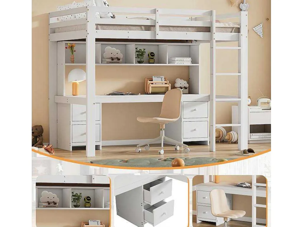 Hoogslaper 90 X 200 Cm Met Bureau, Boekenkast, Lades En Ladder, Mdf Hout, Wit-Vente-unique