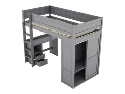 Hoogslaper 90 X 200 Cm Met Bureau + 2 Laden - Kledingkast Met Schuifdeur - Mdf Hout - Grijs-Vente-unique
