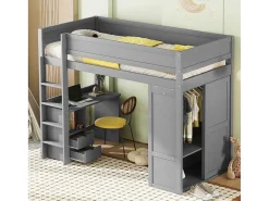 Hoogslaper 90 X 200 Cm Met Bureau + 2 Laden - Kledingkast Met Schuifdeur - Mdf Hout - Grijs-Vente-unique
