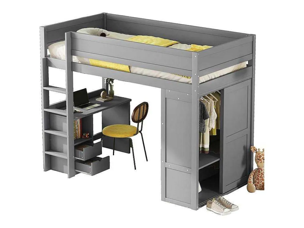 Hoogslaper 90 X 200 Cm Met Bureau + 2 Laden - Kledingkast Met Schuifdeur - Mdf Hout - Grijs-Vente-unique