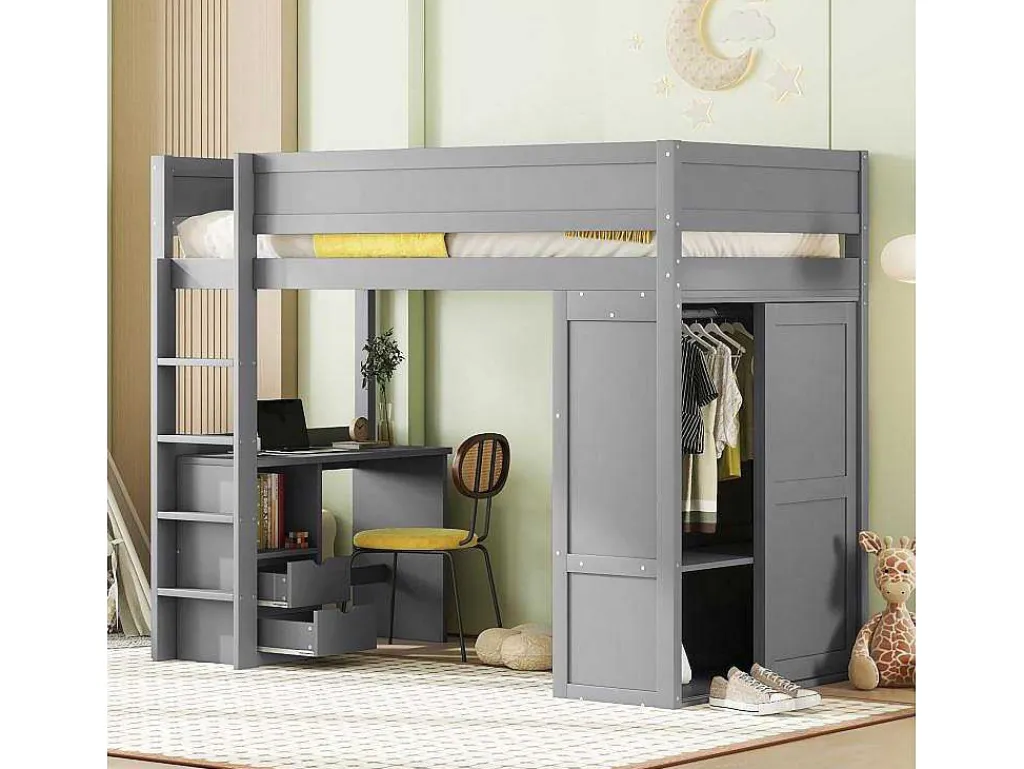 Hoogslaper 90 X 200 Cm Met Bureau + 2 Laden - Kledingkast Met Schuifdeur - Mdf Hout - Grijs-Vente-unique