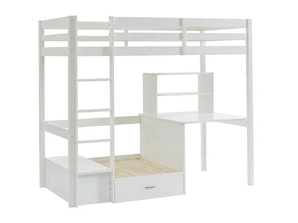Hoogslaper 90 X 200 Cm Met Bureau, Slaapbank En Opbergruimte - Massief Grenen - Gebleekt + Matras - Goliath Iii-Vente-unique Outlet