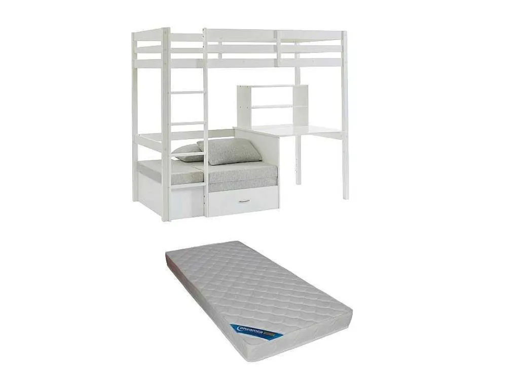 Hoogslaper 90 X 200 Cm Met Bureau, Slaapbank En Opbergruimte - Massief Grenen - Gebleekt + Matras - Goliath Iii-Vente-unique Outlet