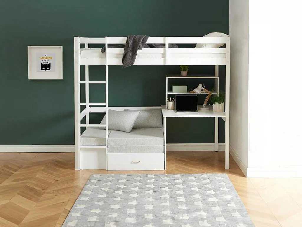 Hoogslaper 90 X 200 Cm Met Bureau, Slaapbank En Opbergruimte - Massief Grenen - Gebleekt + Matras - Goliath Iii-Vente-unique Outlet
