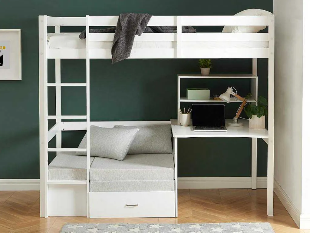 Hoogslaper 90 X 200 Cm Met Bureau, Slaapbank En Opbergruimte - Massief Grenen - Gebleekt + Matras - Goliath Iii-Vente-unique Outlet