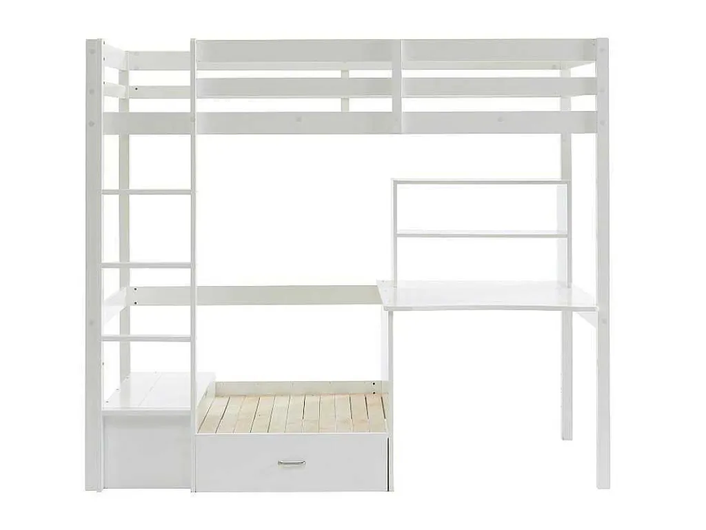 Hoogslaper 90 X 200 Cm Met Bureau, Slaapbank En Opbergruimte - Massief Grenen - Gebleekt + Matras - Goliath Iii-Vente-unique Outlet
