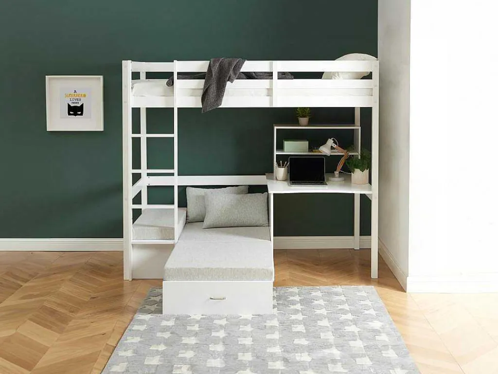 Hoogslaper 90 X 200 Cm Met Bureau, Slaapbank En Opbergruimte - Massief Grenen - Gebleekt + Matras - Goliath Iii-Vente-unique Outlet