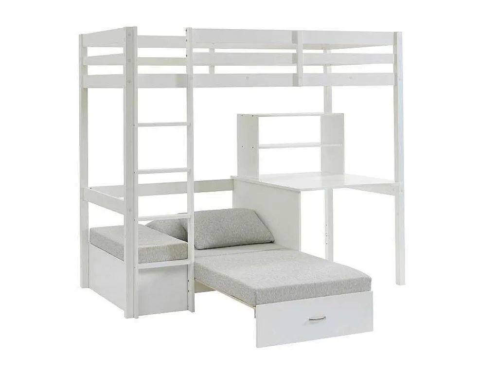 Hoogslaper 90 X 200 Cm Met Bureau, Slaapbank En Opbergruimte - Massief Grenen - Gebleekt + Matras - Goliath Iii-Vente-unique Outlet