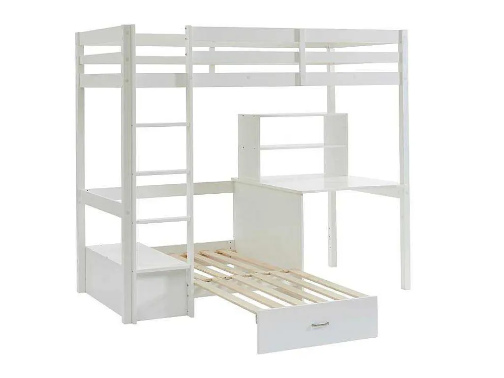 Hoogslaper 90 X 200 Cm Met Bureau, Slaapbank En Opbergruimte - Massief Grenen - Gebleekt + Matras - Goliath Iii-Vente-unique Outlet