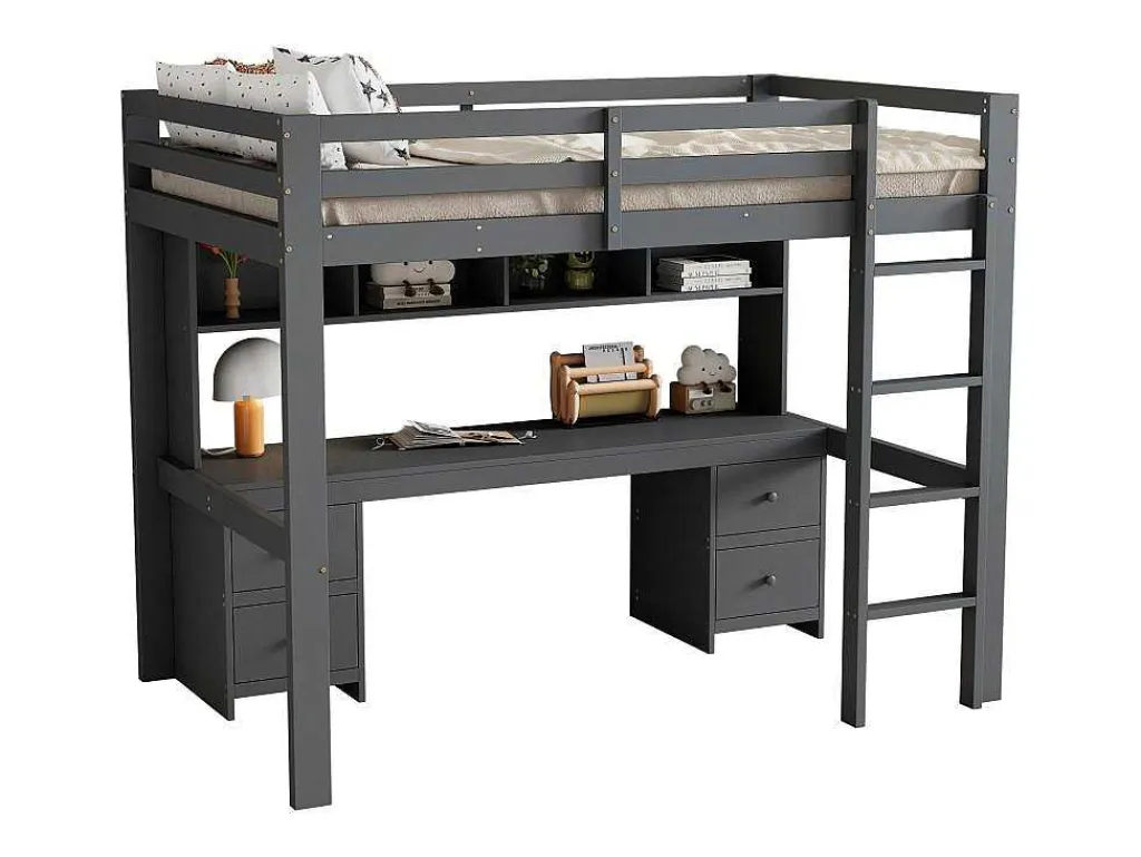 Hoogslaper 90 X 200 Cm Met Bureau, Boekenkast, Lades En Ladder, Mdf Hout, Grijs-Vente-unique Hot