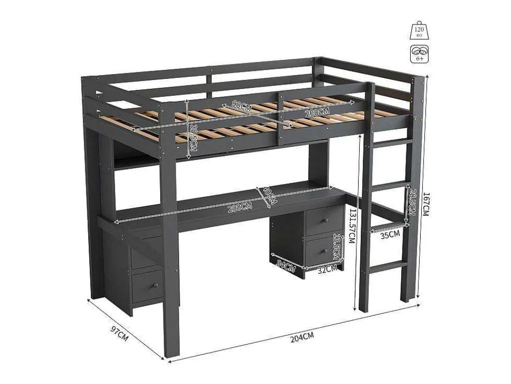 Hoogslaper 90 X 200 Cm Met Bureau, Boekenkast, Lades En Ladder, Mdf Hout, Grijs-Vente-unique Hot