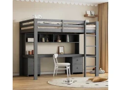Hoogslaper 90 X 200 Cm Met Bureau, Boekenkast, Lades En Ladder, Mdf Hout, Grijs-Vente-unique Hot