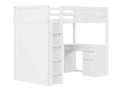 Hoogslaper 90 X 200 Cm Met Bureau, Opbergplanken, Lades En Ladder, Mdf-Hout, Wit-Vente-unique Online