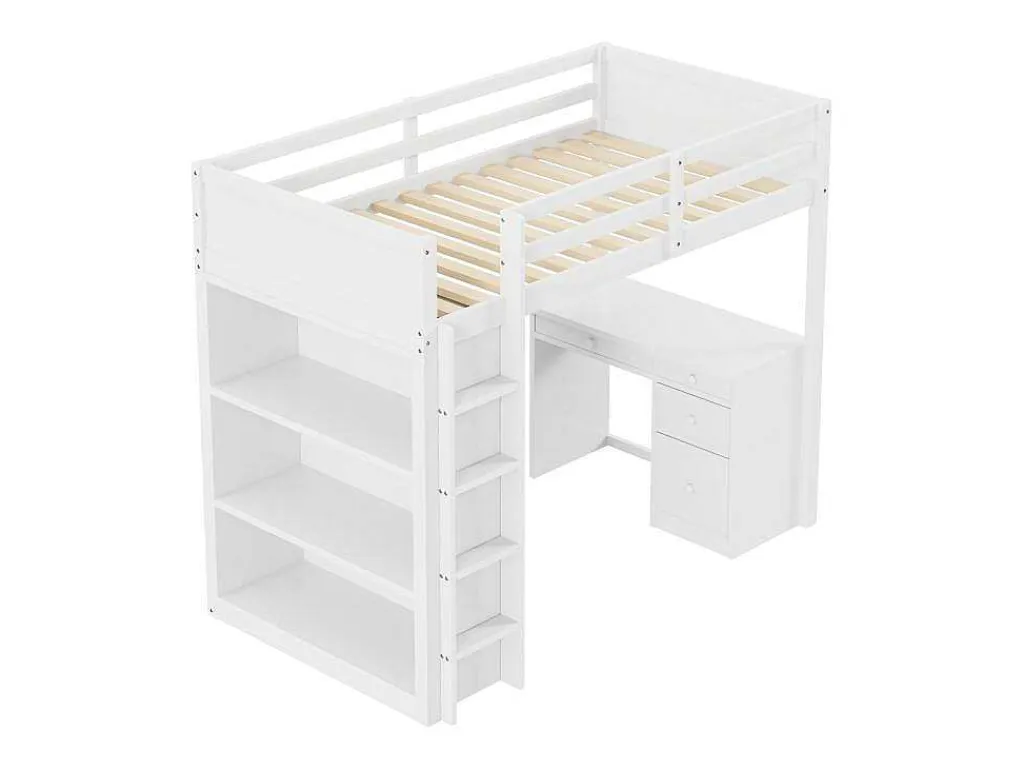 Hoogslaper 90 X 200 Cm Met Bureau, Opbergplanken, Lades En Ladder, Mdf-Hout, Wit-Vente-unique Online