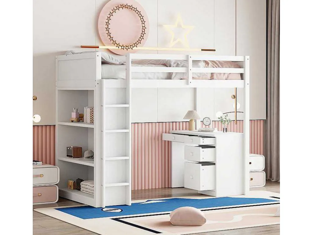 Hoogslaper 90 X 200 Cm Met Bureau, Opbergplanken, Lades En Ladder, Mdf-Hout, Wit-Vente-unique Online