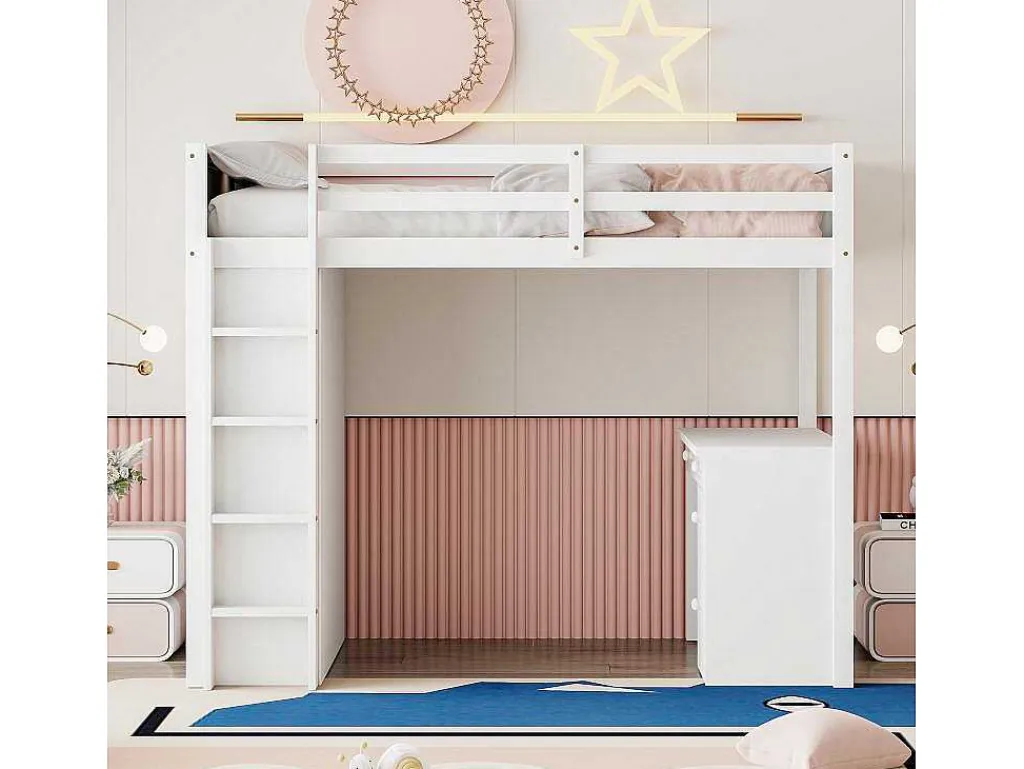 Hoogslaper 90 X 200 Cm Met Bureau, Opbergplanken, Lades En Ladder, Mdf-Hout, Wit-Vente-unique Online