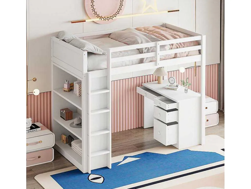 Hoogslaper 90 X 200 Cm Met Bureau, Opbergplanken, Lades En Ladder, Mdf-Hout, Wit-Vente-unique Online