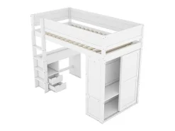 Hoogslaper 90 X 200 Cm Met Bureau + 2 Laden - Kledingkast Met Schuifdeur - Mdf Hout - Wit-Vente-unique Clearance