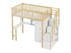 Hoogslaper 90 X 200 Cm Met Grote Kledingkast, Bureau, Boekenkast, Trap En Lades, Alles-In-Een, Mdf Hout, Wit + Eiken-Vente-unique Best