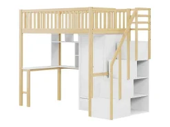 Hoogslaper 90 X 200 Cm Met Grote Kledingkast, Bureau, Boekenkast, Trap En Lades, Alles-In-Een, Mdf Hout, Wit + Eiken-Vente-unique Best