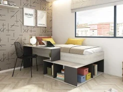 Hoogslaper 90 X 200 Cm Met Opbergruimte En Bureau - Kleur: Naturel En Antraciet - Rigali-Vente-unique Hot