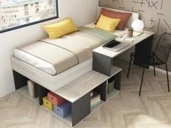 Hoogslaper 90 X 200 Cm Met Opbergruimte En Bureau - Kleur: Naturel En Antraciet - Rigali-Vente-unique Hot