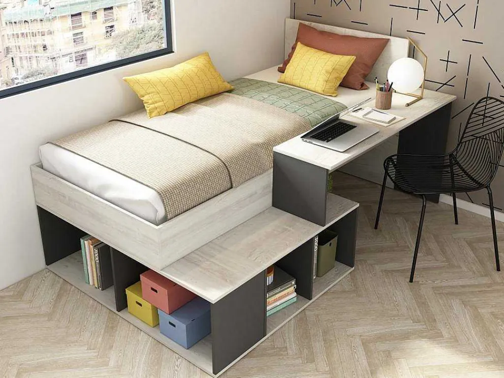 Hoogslaper 90 X 200 Cm Met Opbergruimte En Bureau - Kleur: Naturel En Antraciet - Rigali-Vente-unique Hot