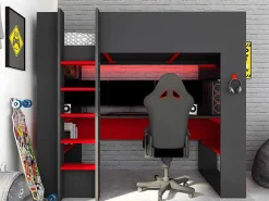 Hoogslaper Gamer Noah Met Bureau En Opbergruimtes - 90 X 200 Cm - Met Led'S - Antraciet En Rood-Vente-unique Hot