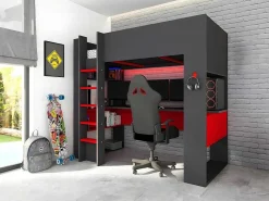 Hoogslaper Gamer Noah Met Bureau En Opbergruimtes - 90 X 200 Cm - Met Led'S - Antraciet En Rood-Vente-unique Hot