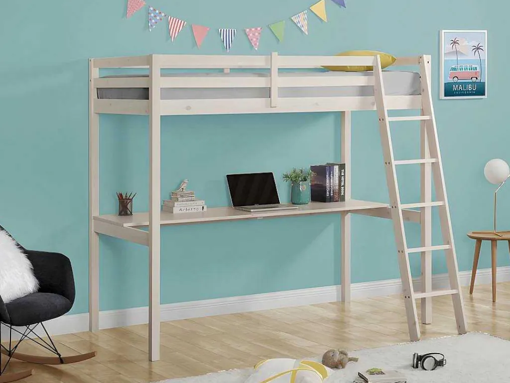 Hoogslaper Gedeon - 90 X 190 Cm - Met Bureau - Massief Grenen - Gebleekt-Vente-unique