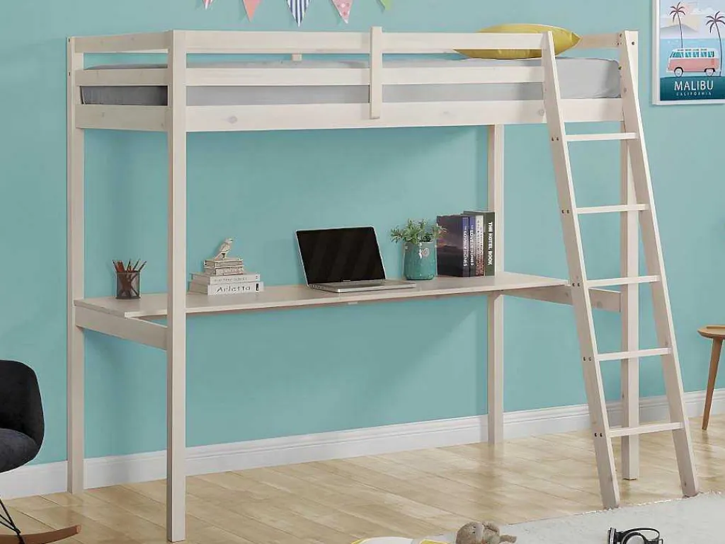 Hoogslaper Gedeon - 90 X 190 Cm - Met Bureau - Massief Grenen - Gebleekt-Vente-unique